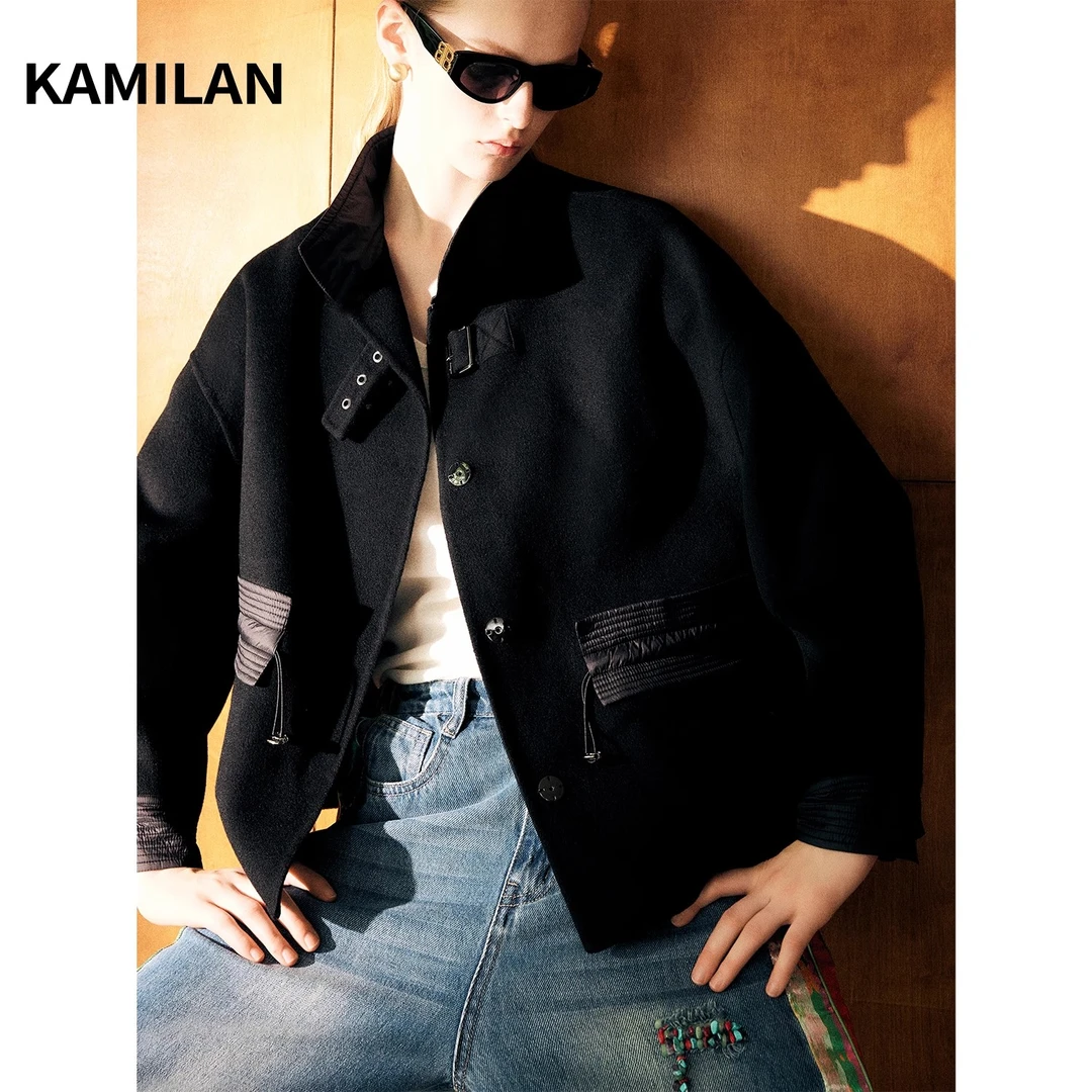 卡米兰短款羊毛呢外套女2024秋冬新款宽松羊毛双面呢外套