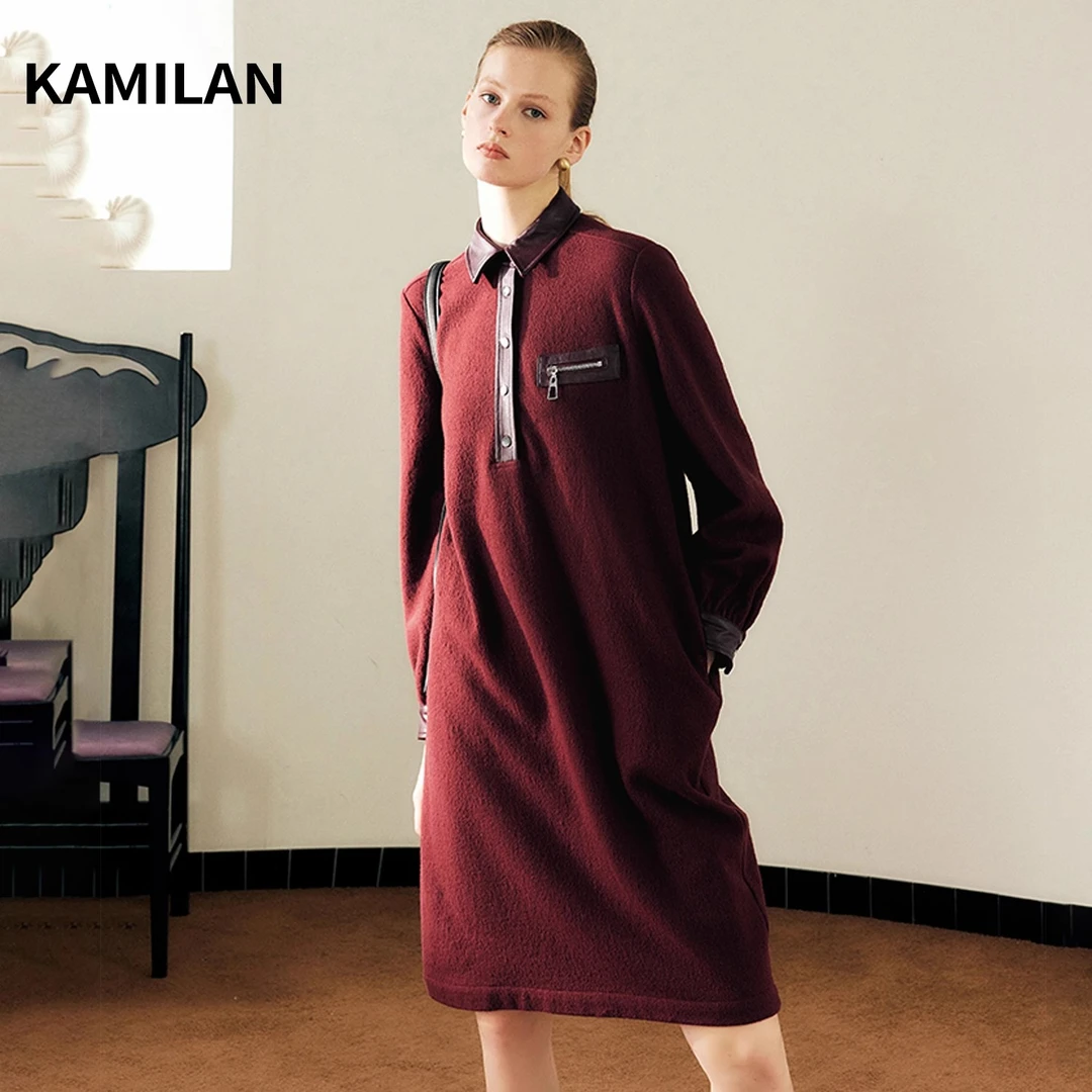 [100羊毛]卡米兰羊毛连衣裙女2024秋季新款中长款真皮拼接A字裙