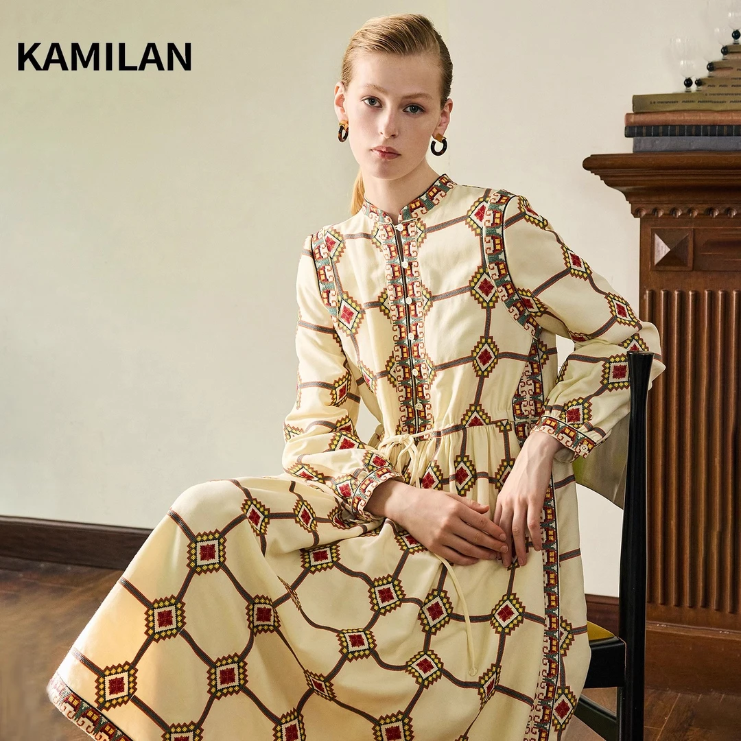 [刺绣]卡米兰法式小立领高腰连衣裙女2024秋新款中长款绣花A字裙