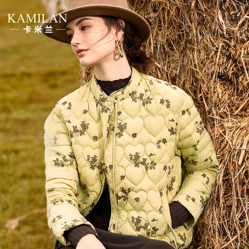 卡米兰气质短款长袖印花白鸭绒羽绒服女2023秋冬新款保暖羽绒外套