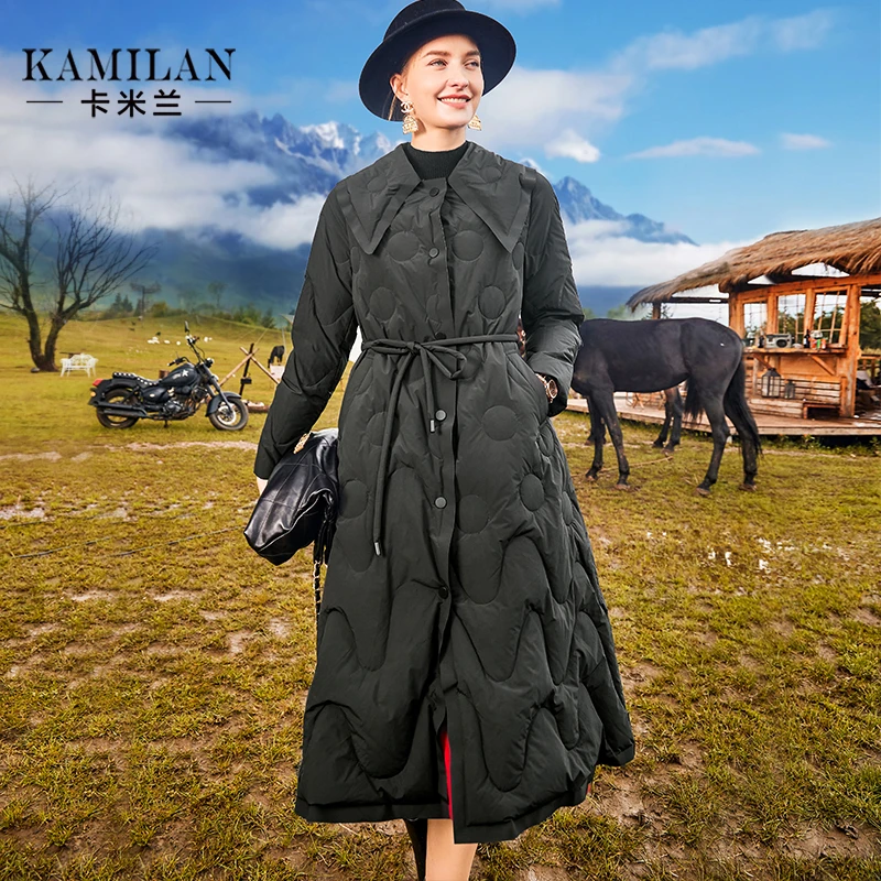卡米兰衬衫式羽绒服女2022冬季新款宽松中长款系带羽绒外套过膝