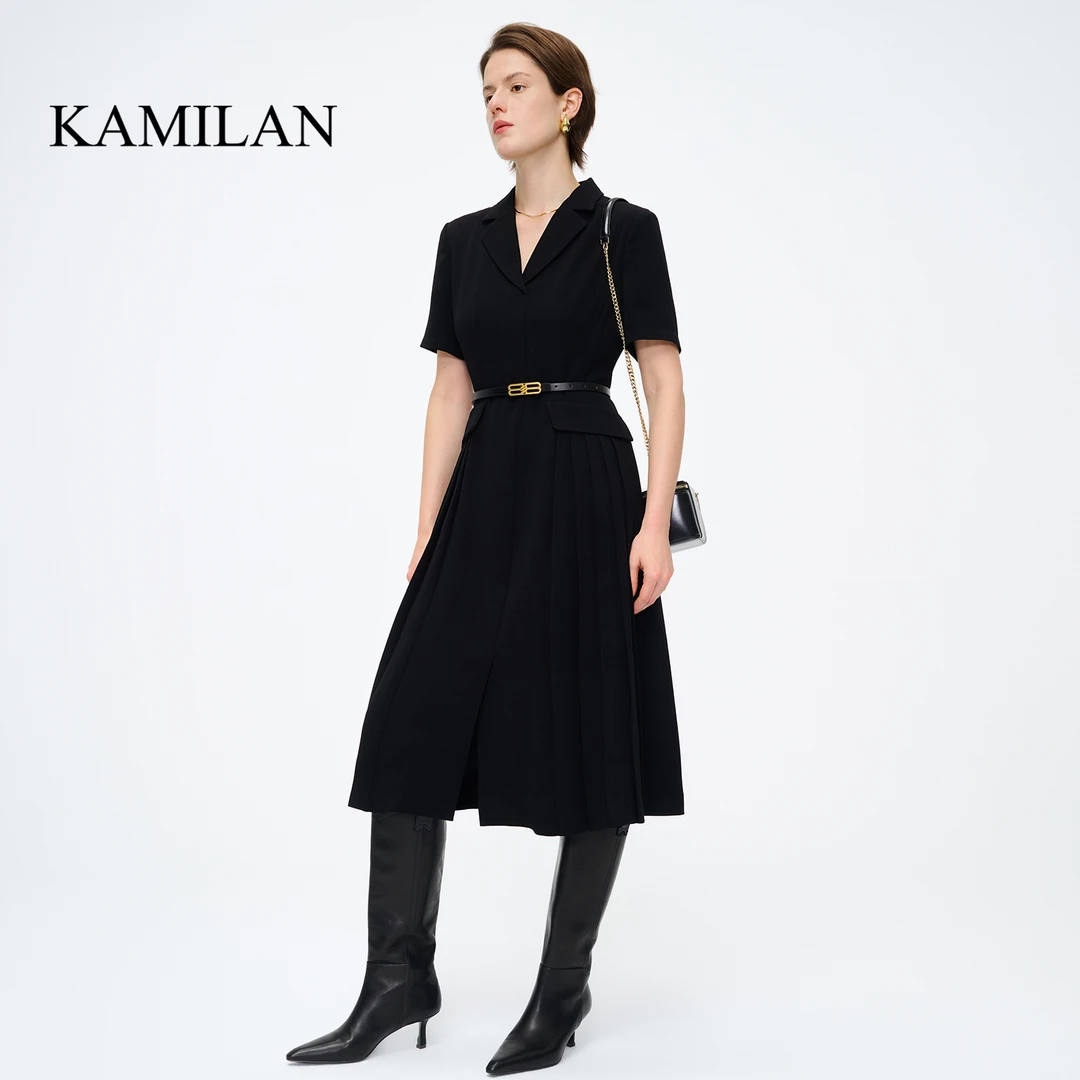 卡米兰摩登气质高腰西装连衣裙女2024春夏新款收腰中长款A字裙