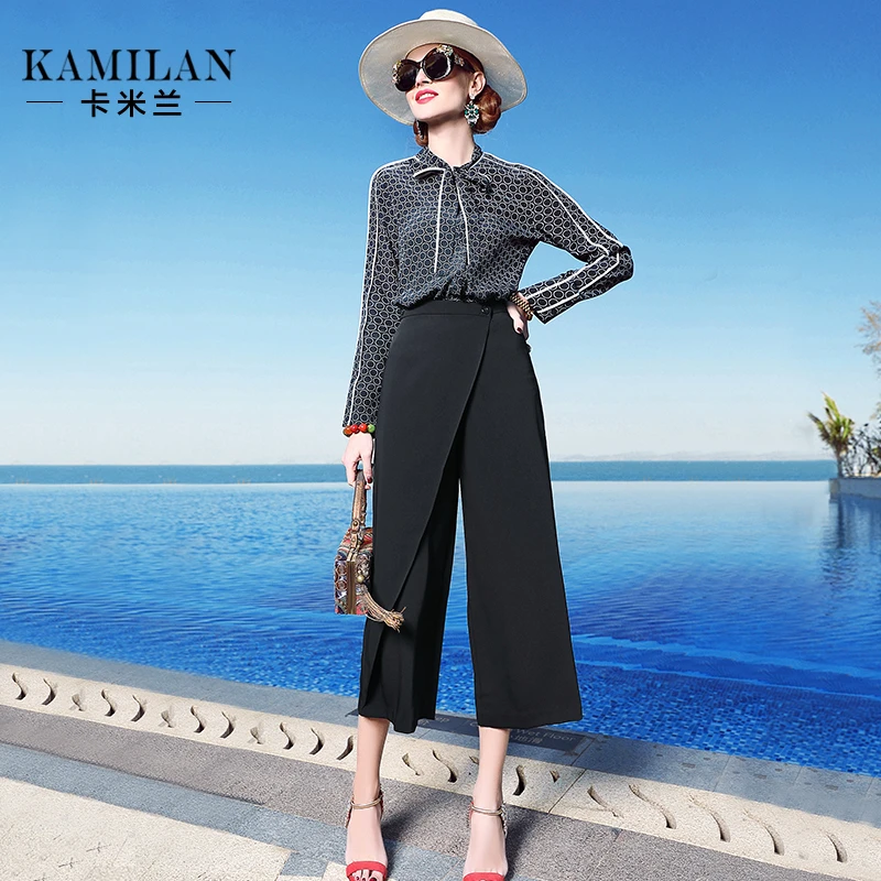 卡米兰春季新款时尚百搭阔腿裤女宽松高腰七分休闲裤