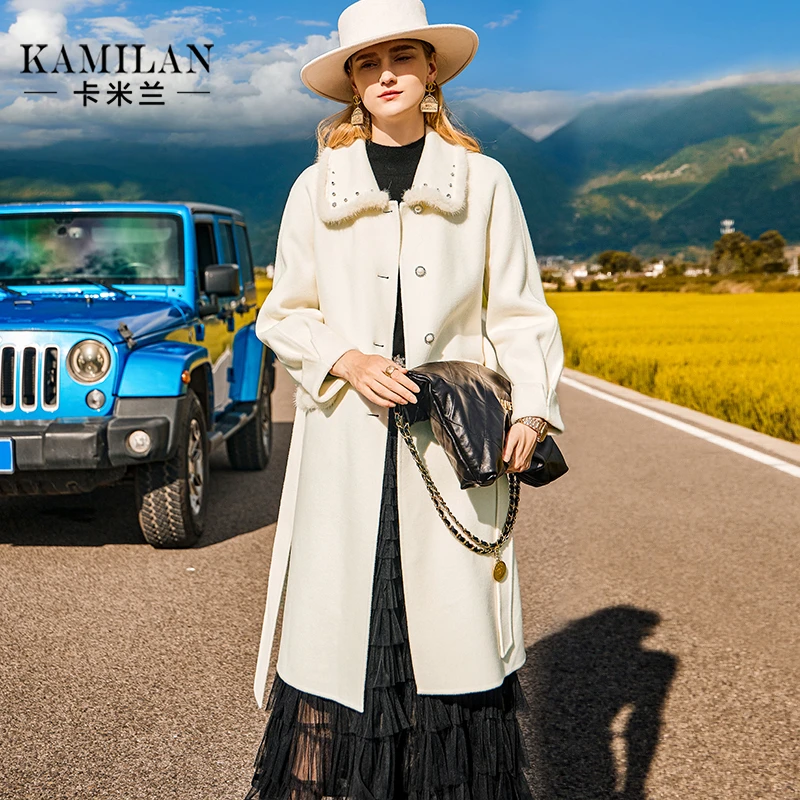 卡米兰拼接双面羊毛大衣女秋新款中长款双面呢大衣外套