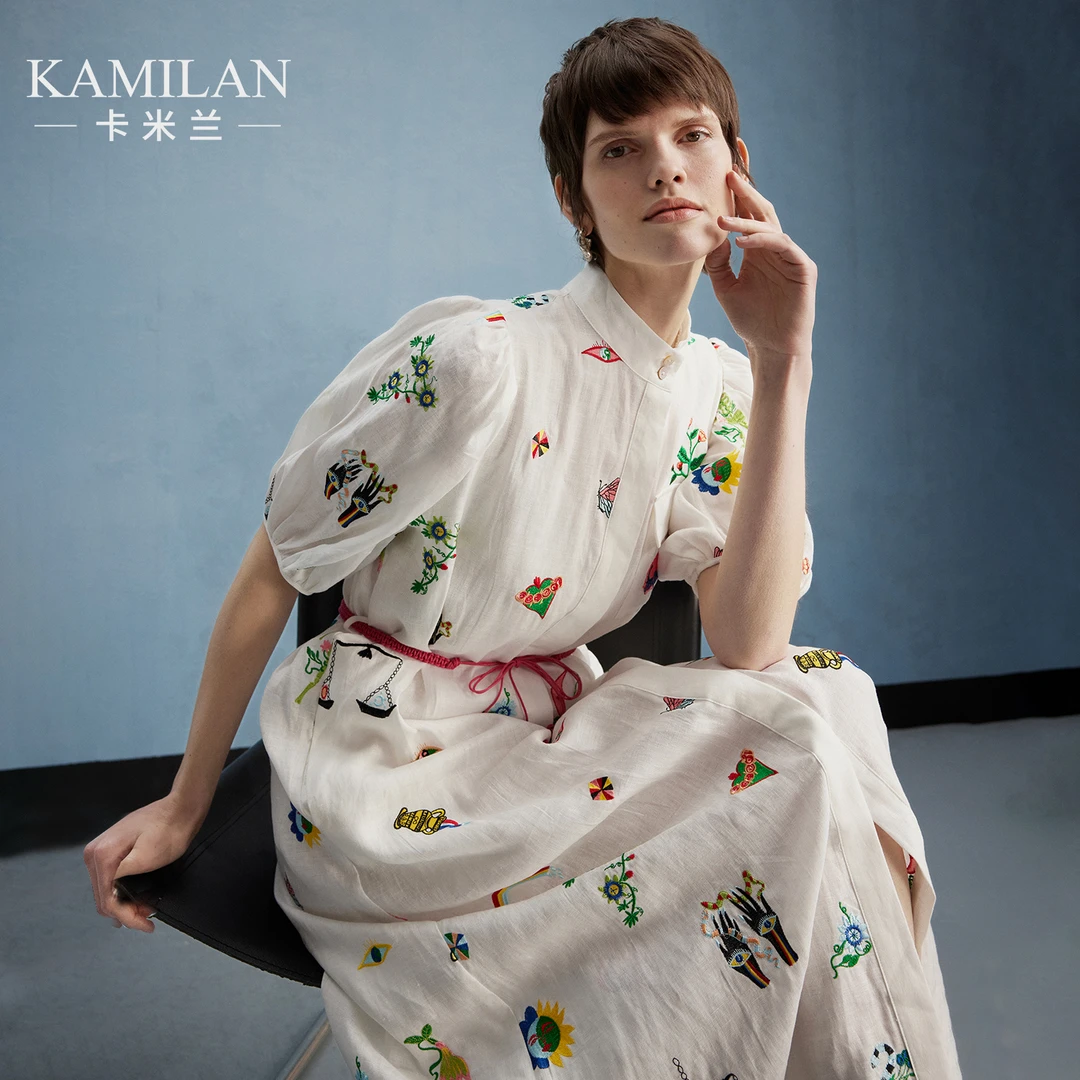 [100亚麻EREN系列]卡米兰绣花连衣裙女2024新款五分袖衬衫裙长裙
