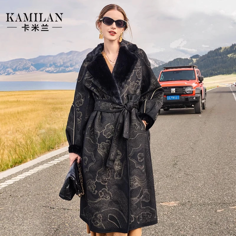 卡米兰水貂毛领羊毛大衣女2024秋冬新款中长款羊毛双面呢大衣外套