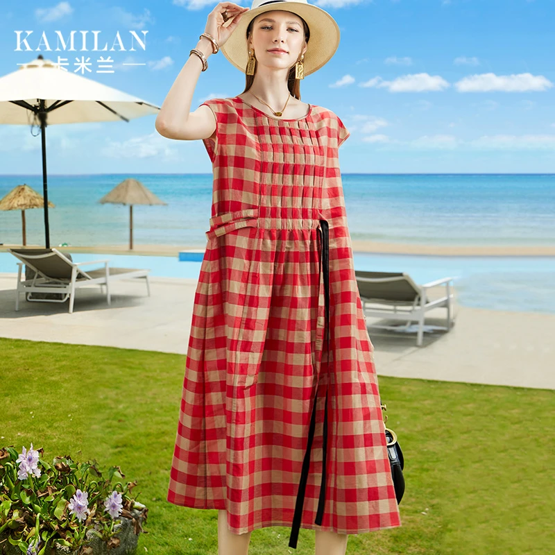 卡米兰格子连衣裙女2024年夏季新款时尚中长款显瘦格子印花A字裙