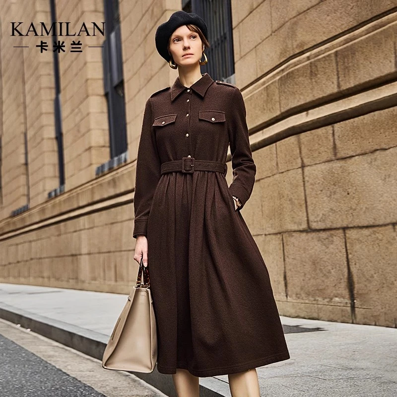 卡米兰气质高腰羊毛连衣裙女2023秋冬新款中长款长袖系带衬衫裙