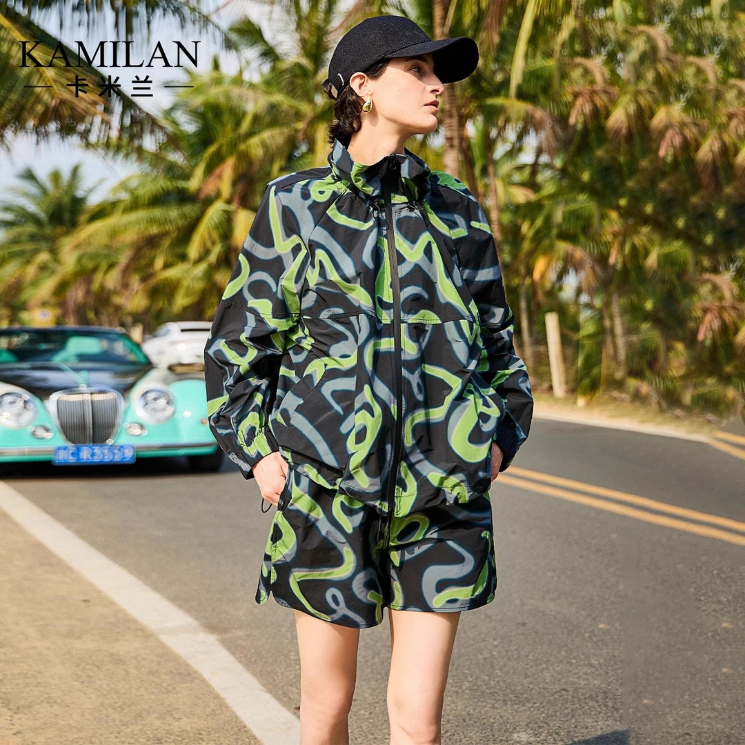 卡米兰户外套装女2024夏新款立领长袖外套+休闲短裤