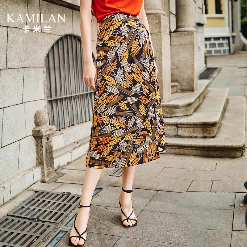 卡米兰2023夏季新款时尚气质高腰显瘦中长款印花A字半身裙