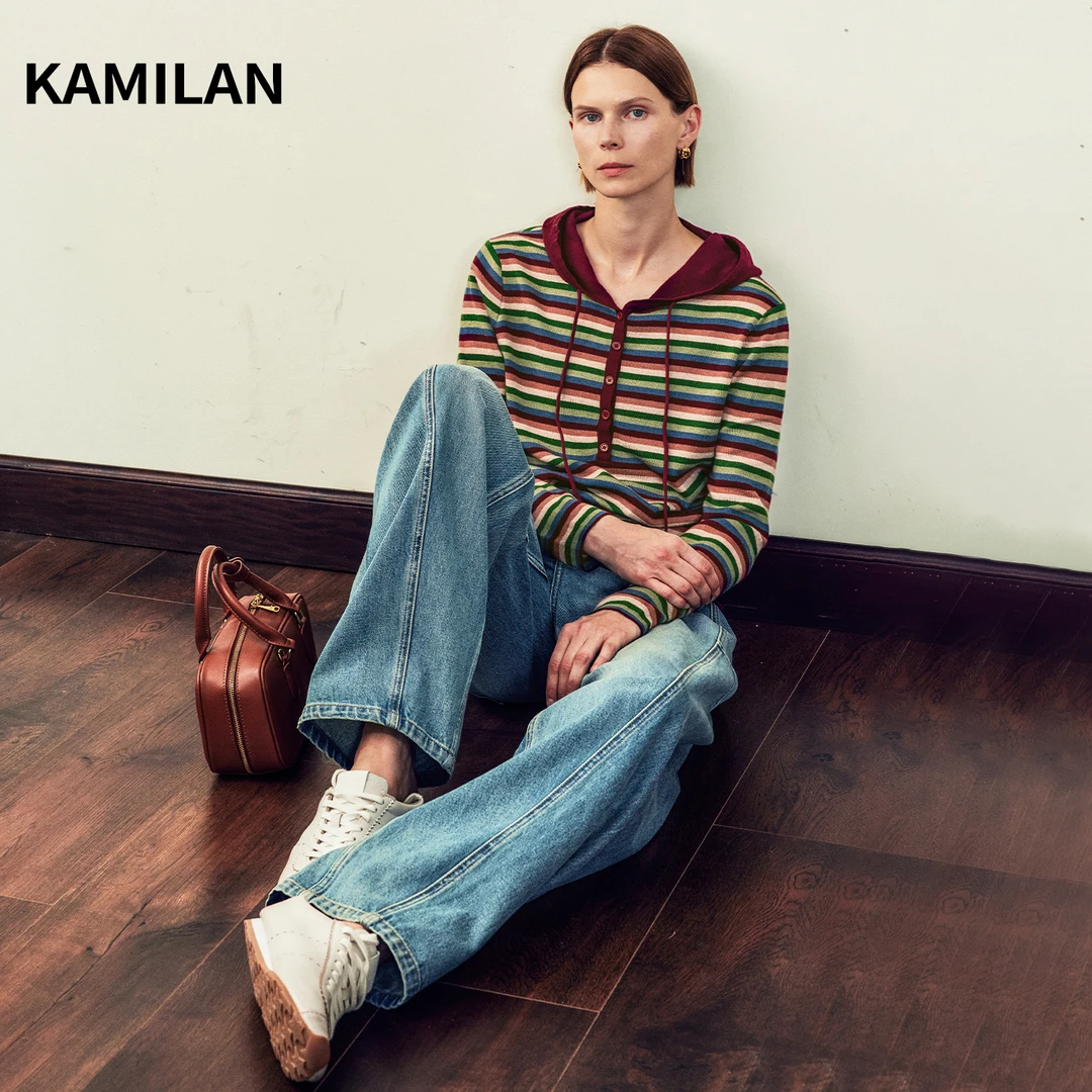 卡米兰洋气条纹针织衫女2024秋季新款休闲百搭连帽针织卫衣上衣