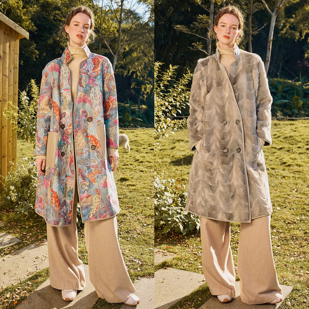 [刺绣]卡米兰大衣女2024冬季新款保暖外套两面穿