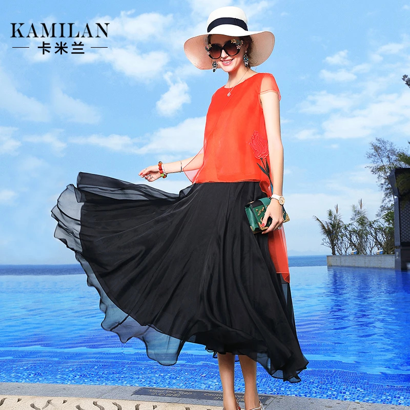KAMILAN 卡米兰2018夏季新款桑蚕丝半身裙女高腰真丝中长裙