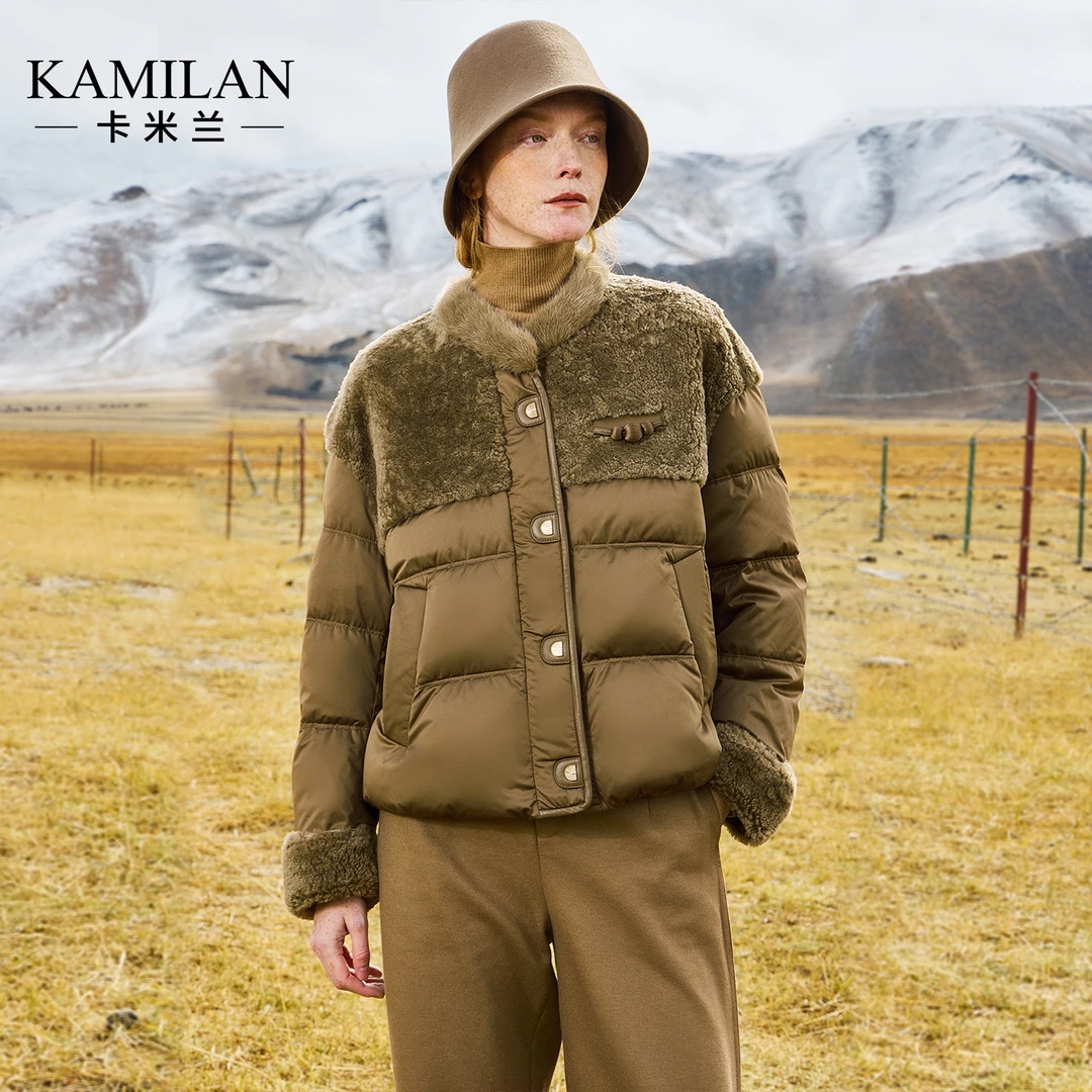 [水貂毛]卡米兰皮毛一体拼接白鹅绒羽绒服女2024新款水貂毛领外套
