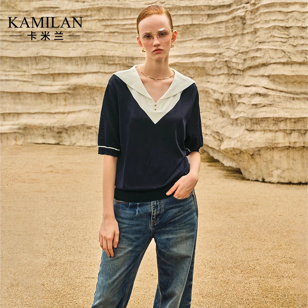 卡米兰法式设计感短款针织t恤女2024秋季新款五分袖针织衫上衣