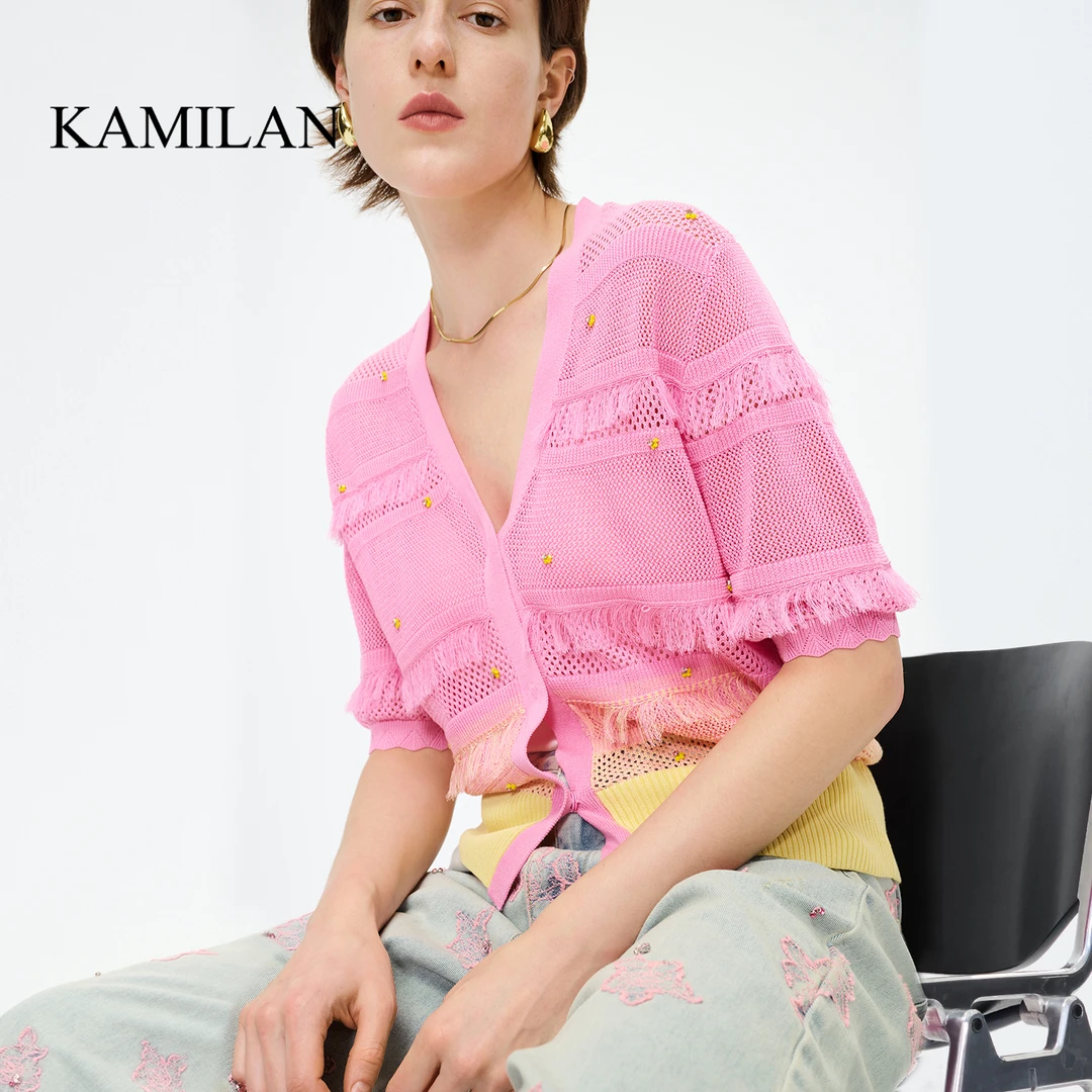 卡米兰设计感小众短款针织开衫女2024春夏新款针织衫外套上衣
