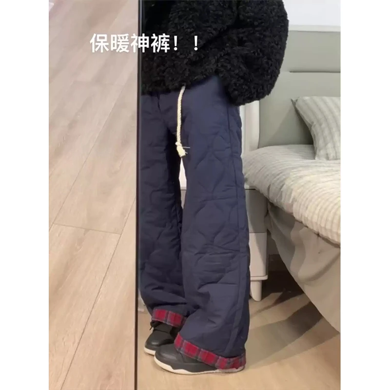 藏青色保暖外穿棉裤男款冬季夹棉加厚葫芦纹格子裤直筒阔腿防寒裤