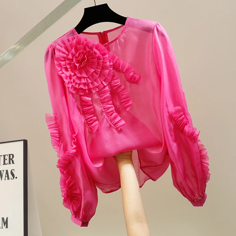 长袖木耳边灯笼袖立体大花朵装饰圆领衬衫洋气微胖女装玫红上衣