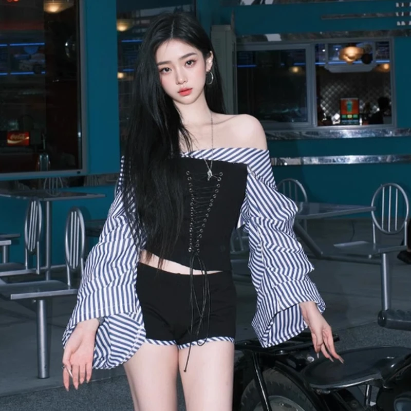 轻奢女装法式洋气一字肩辣妹性感绑带收腰小众短雪纺衫女玫红上衣