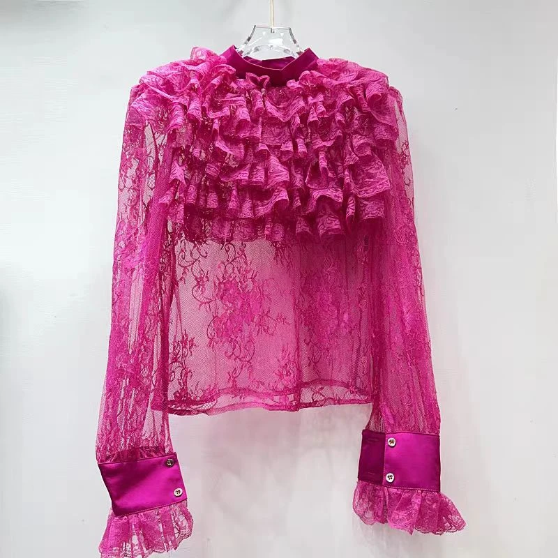 2024秋季新款女装小众设计花边喇叭袖雪纺衫洋气衬衫上衣女蕾丝衫