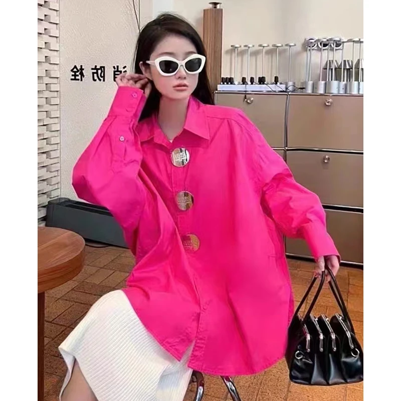 定制时尚大版宽松紫色衬衣新款高级感气质衬衫长袖红色衬衫女款