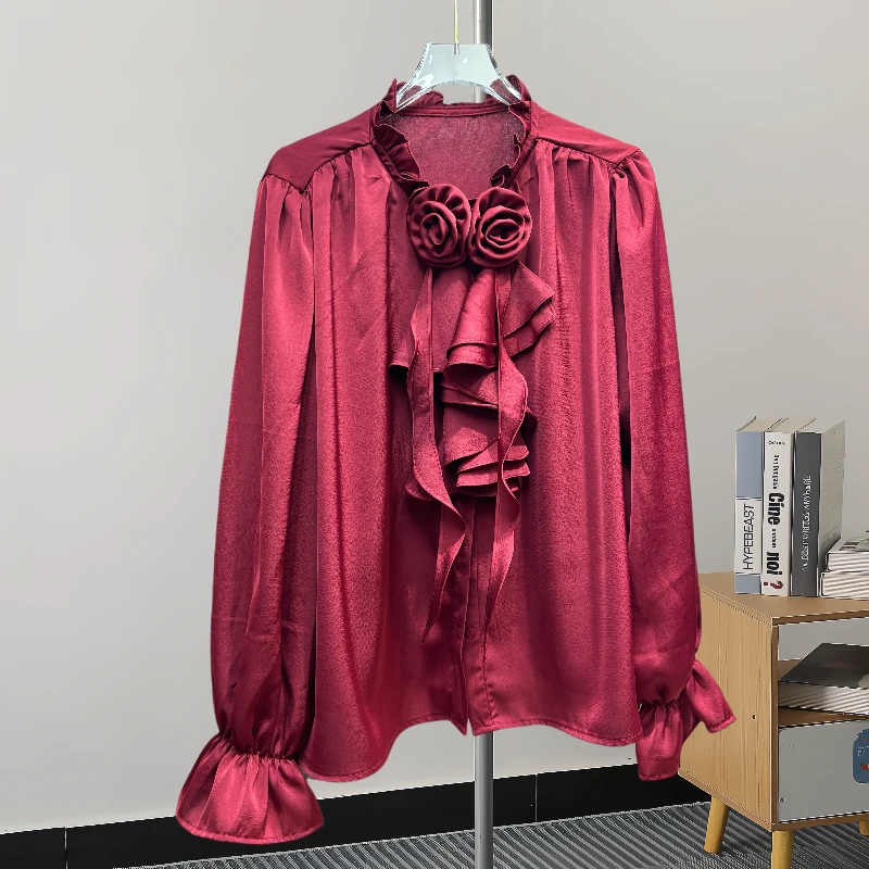 复古气质喇叭袖立领缎面衬衫法式设计感宽松纯色长袖套头衬衫女