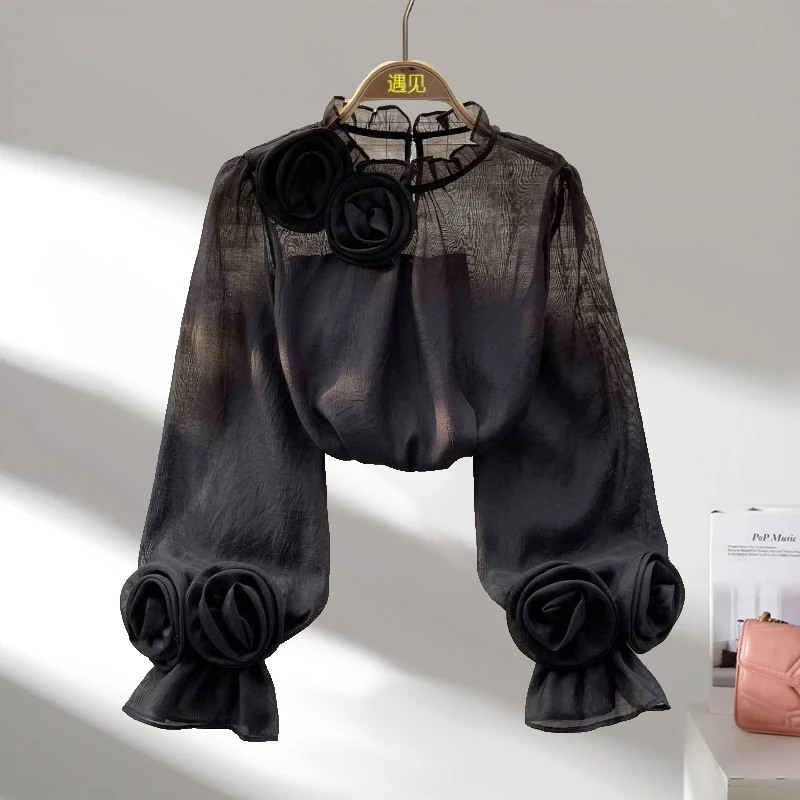精致轻奢设计感小众立体花泡泡袖减龄雪纺衫女百搭衬衫长袖上衣女