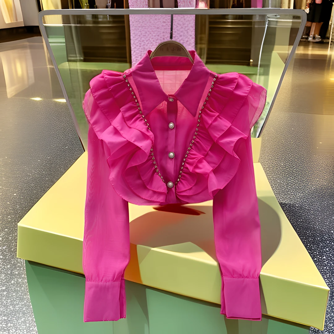 法式高端轻奢女装高级感衬衫秋季新款荷叶边气质玫红上衣潮牌女装