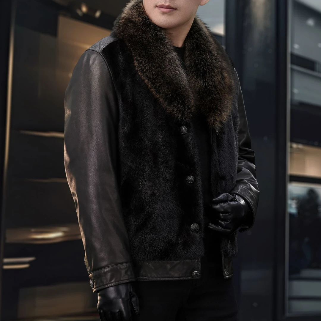 进口水貂时尚整貂海宁赫本山羊皮中夹克款冬季鹅绒服外套