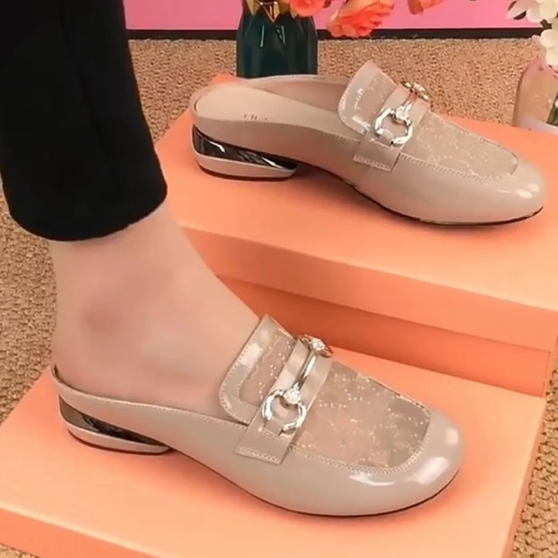 真软皮包头半拖鞋女夏外穿新款镂空低跟半托网纱凉鞋夏季时尚凉拖