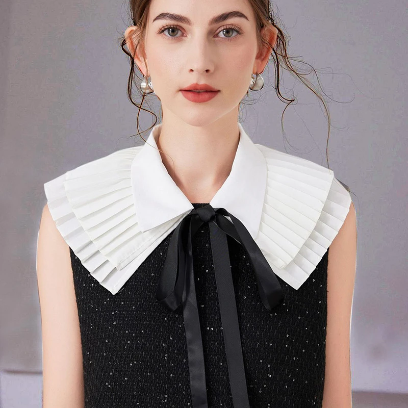 2024新款明星同款系带百褶斗篷尖领双层配饰配裙子假领子女白色