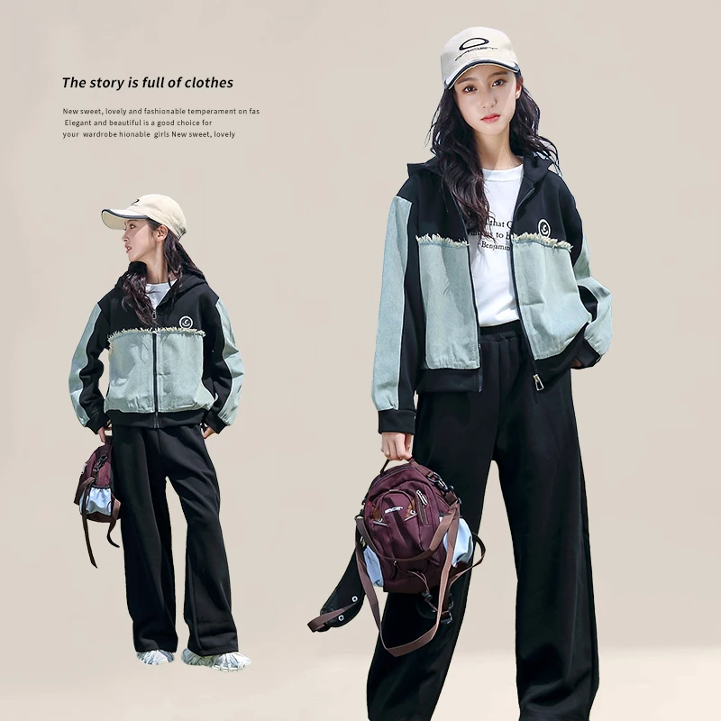 运动套装连帽开衫外套长裤两件套女中大童秋新款休闲户外25406