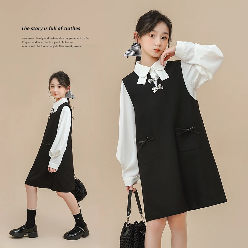 黑白小香风套装衬衫背心裙两件套马甲女中大童高级感春秋25444