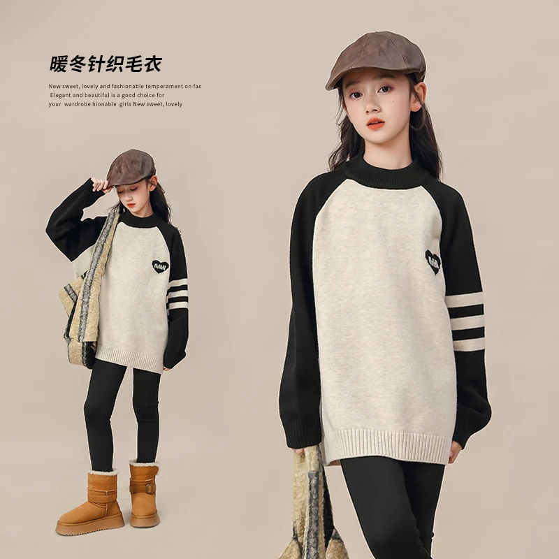 套头毛衣简约插肩袖黑白色撞色条纹百搭宽松慵懒25548