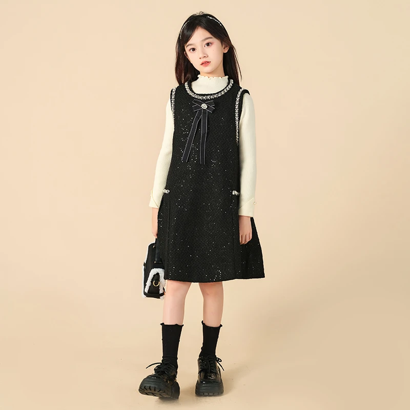 【黑巧茉莉白】小香风套装背心裙连衣裙秋冬新款针织中女大童25589