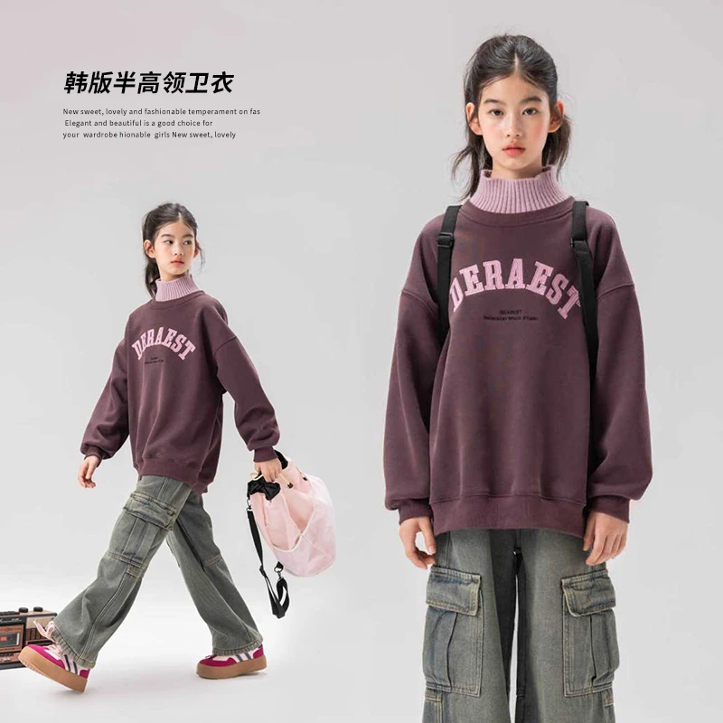 套头卫衣拼接半高领长袖韩版宽松简约字母印花25494