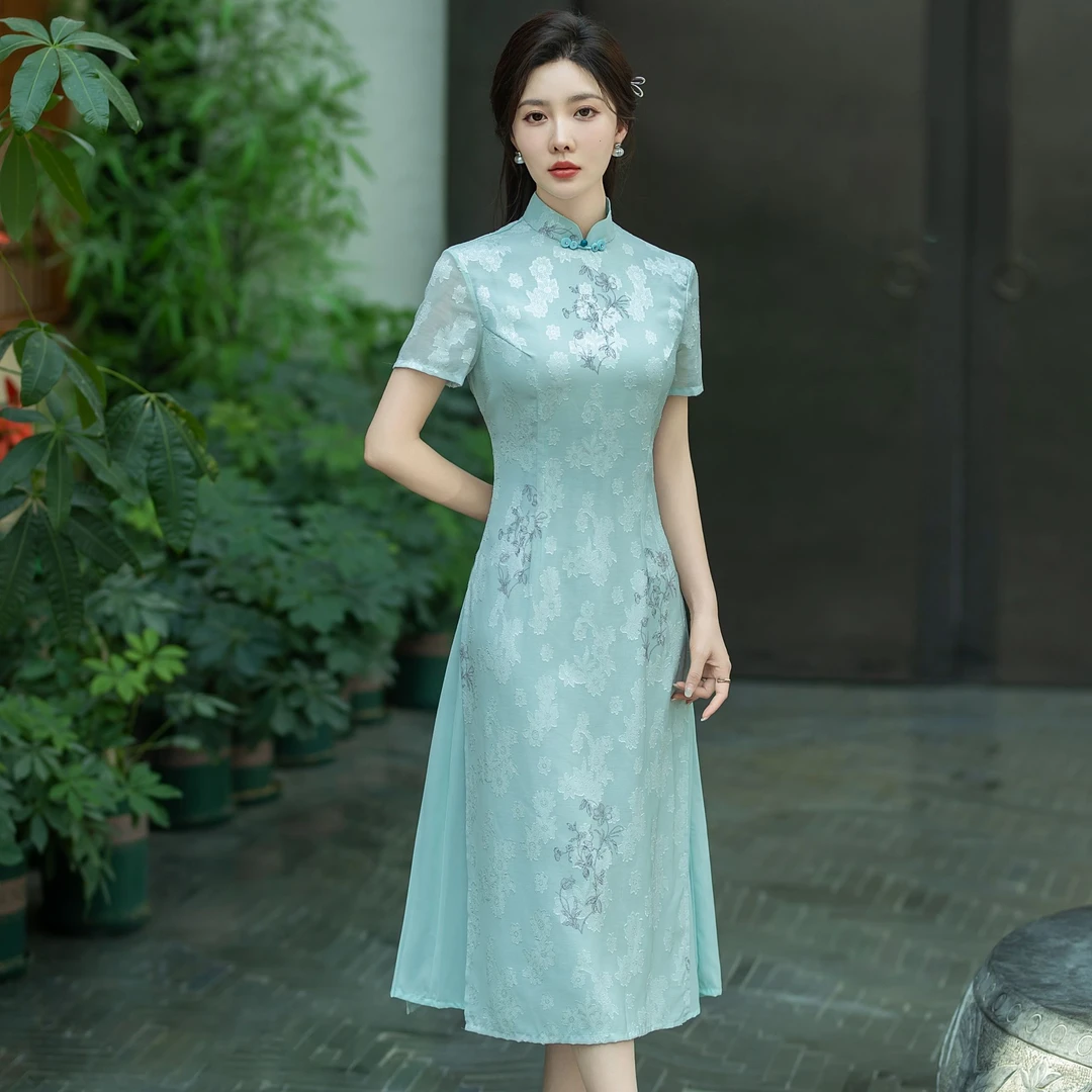 素雅植绒剪花修身改良遮肚中长款短袖旗袍裙改良旗袍奥黛气质显瘦
