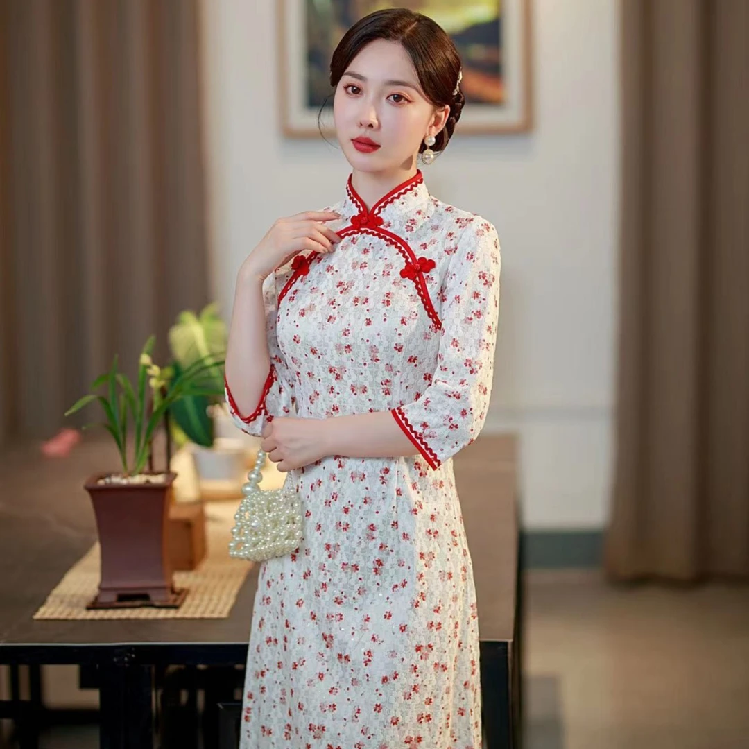 小碎花亲肤显瘦气质网红七分袖雪尼尔旗袍裙国风春夏显年轻款短款