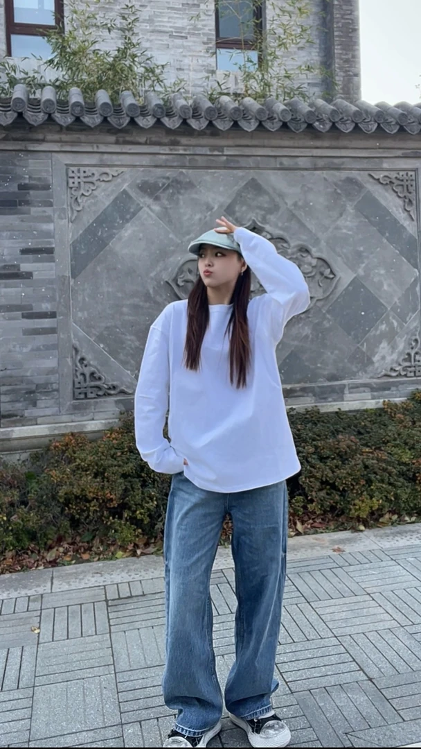 拾贰自制 纯棉长袖300克重磅打底衫春季百搭情侣纯色内搭T恤