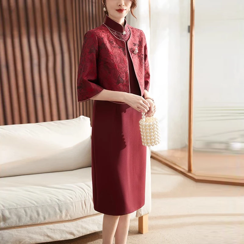 喜婆婆婚宴装十一妈妈喜妈妈高贵礼服春秋婚礼旗袍连衣裙两件套