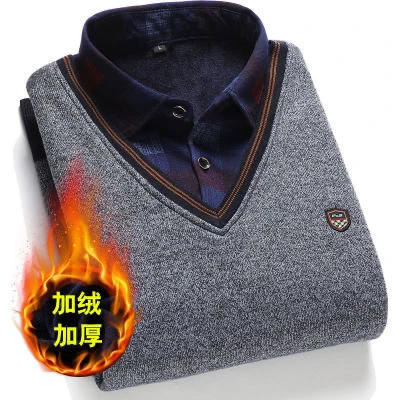 秋冬季加绒保暖男士衬衫领上衣假两件针织衫打底毛衣加厚休闲长袖