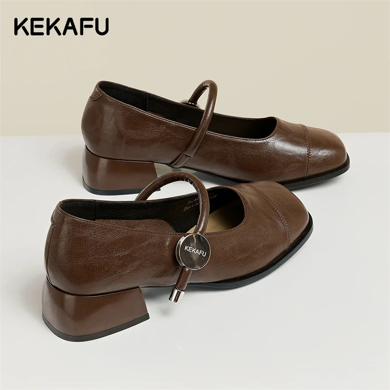 珂卡芙浅口玛丽珍单鞋女秋季新款百搭小皮鞋法式方头中跟软底女鞋