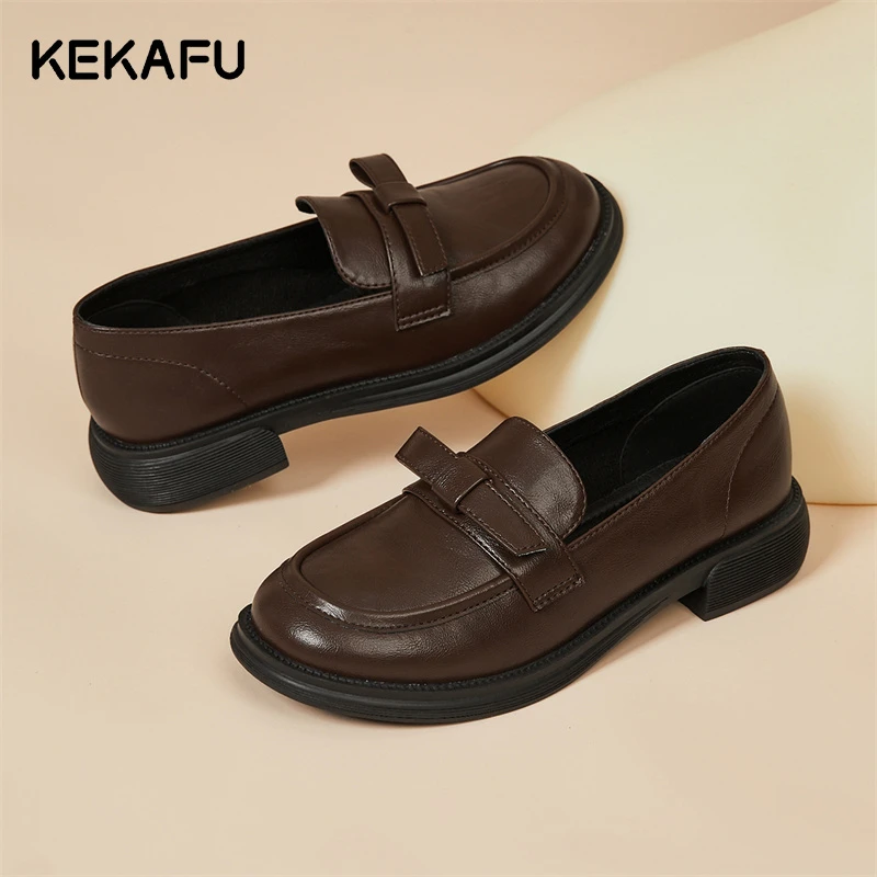 珂卡芙棕色小皮鞋女2024新款秋季女鞋复古英伦风一脚蹬单鞋乐福鞋