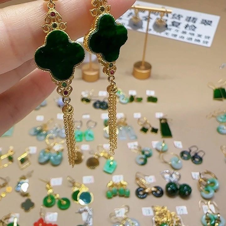 翡翠耳饰银S925镶嵌天然缅甸a货翡翠