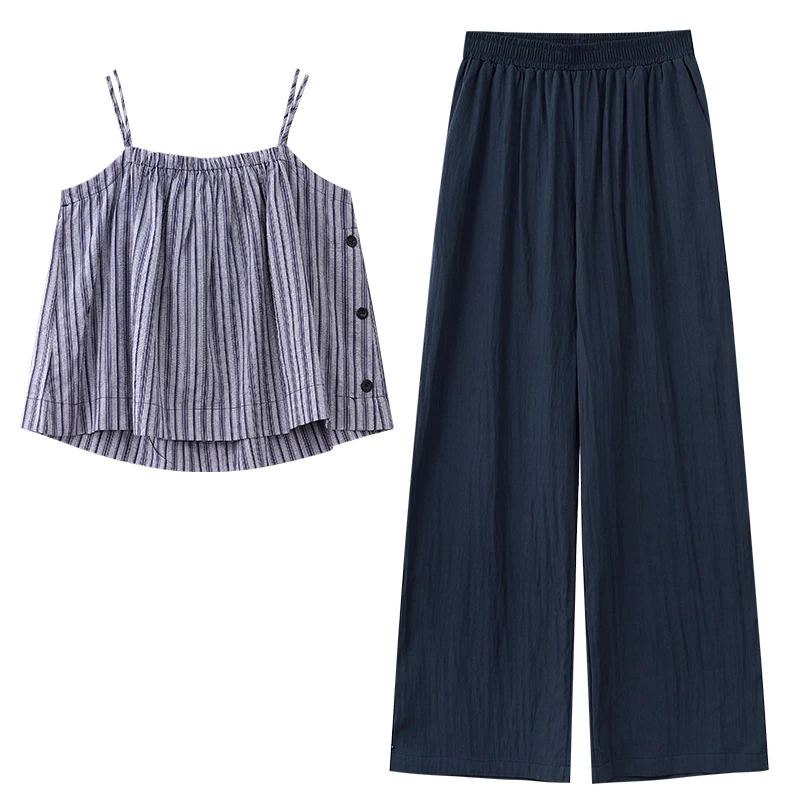 （清货）条纹吊带休闲裤套装女夏宽松两件套8886