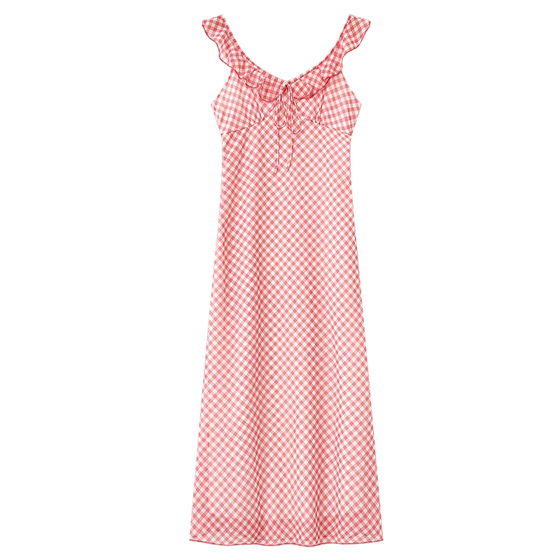 （清货）花田橱窗 系带荷叶边格子连衣裙女夏季修身长裙1007