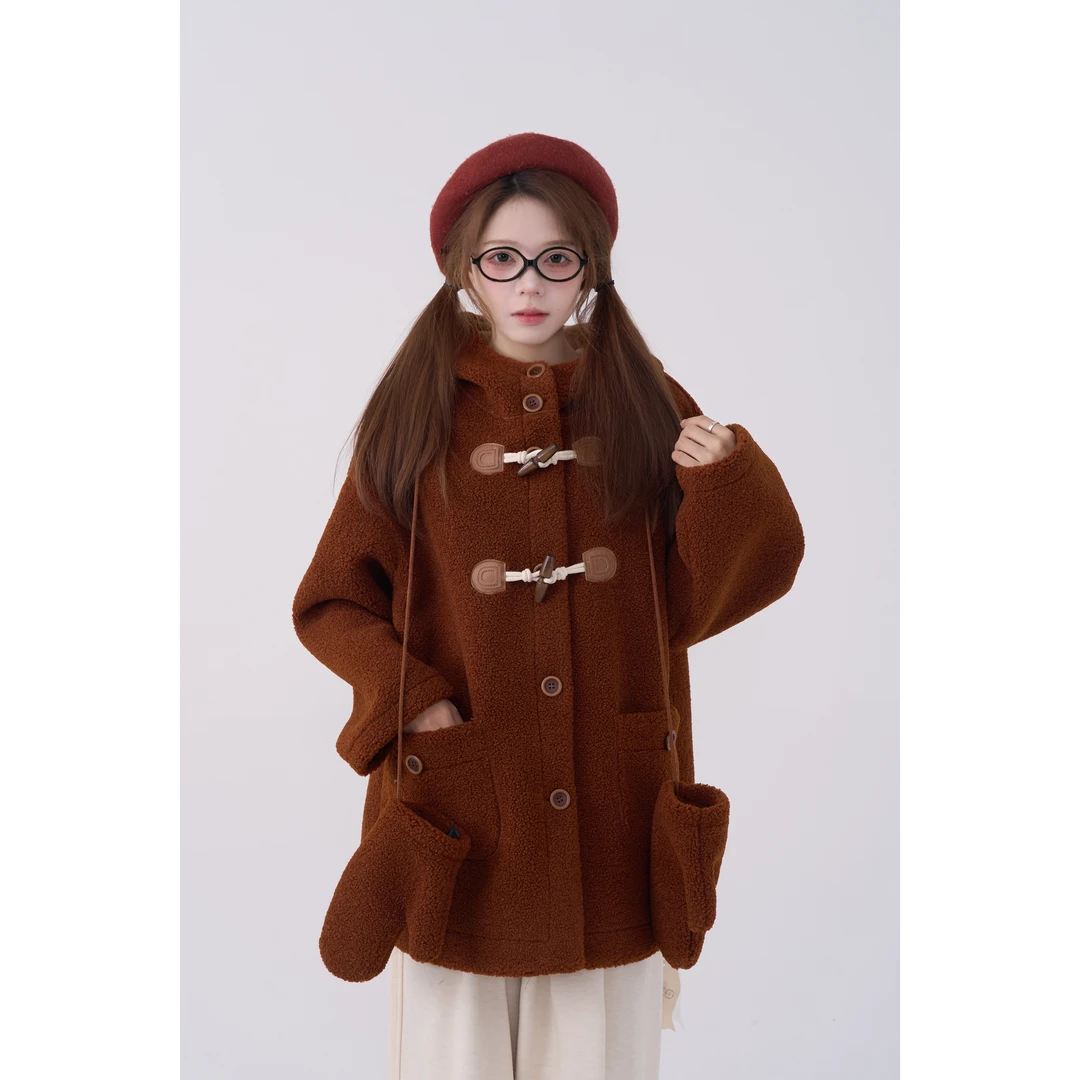 （清货）焦糖色韩系配手套牛角扣羔羔毛外套女冬加厚小个子5225