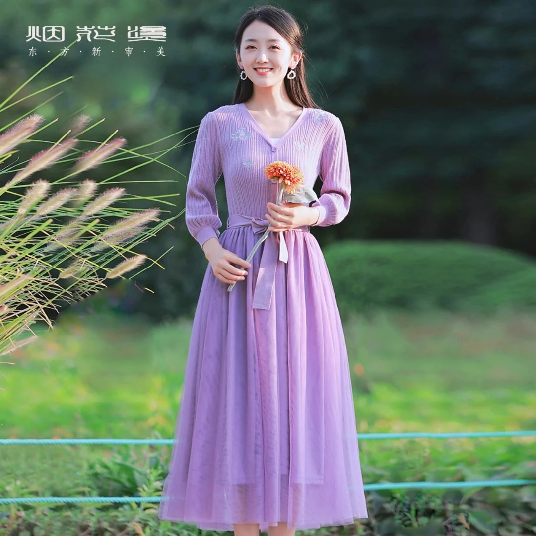 烟花烫假两件针织连衣裙v领温柔气质收腰a字中长款裙子 叶知