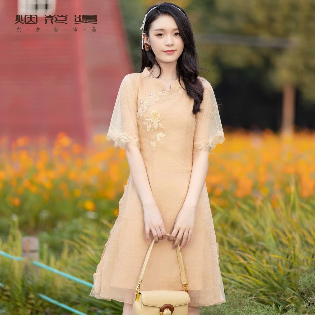 烟花烫新中式国风改良旗袍夏季日常气质显瘦减龄蕾丝连衣裙 曼姗