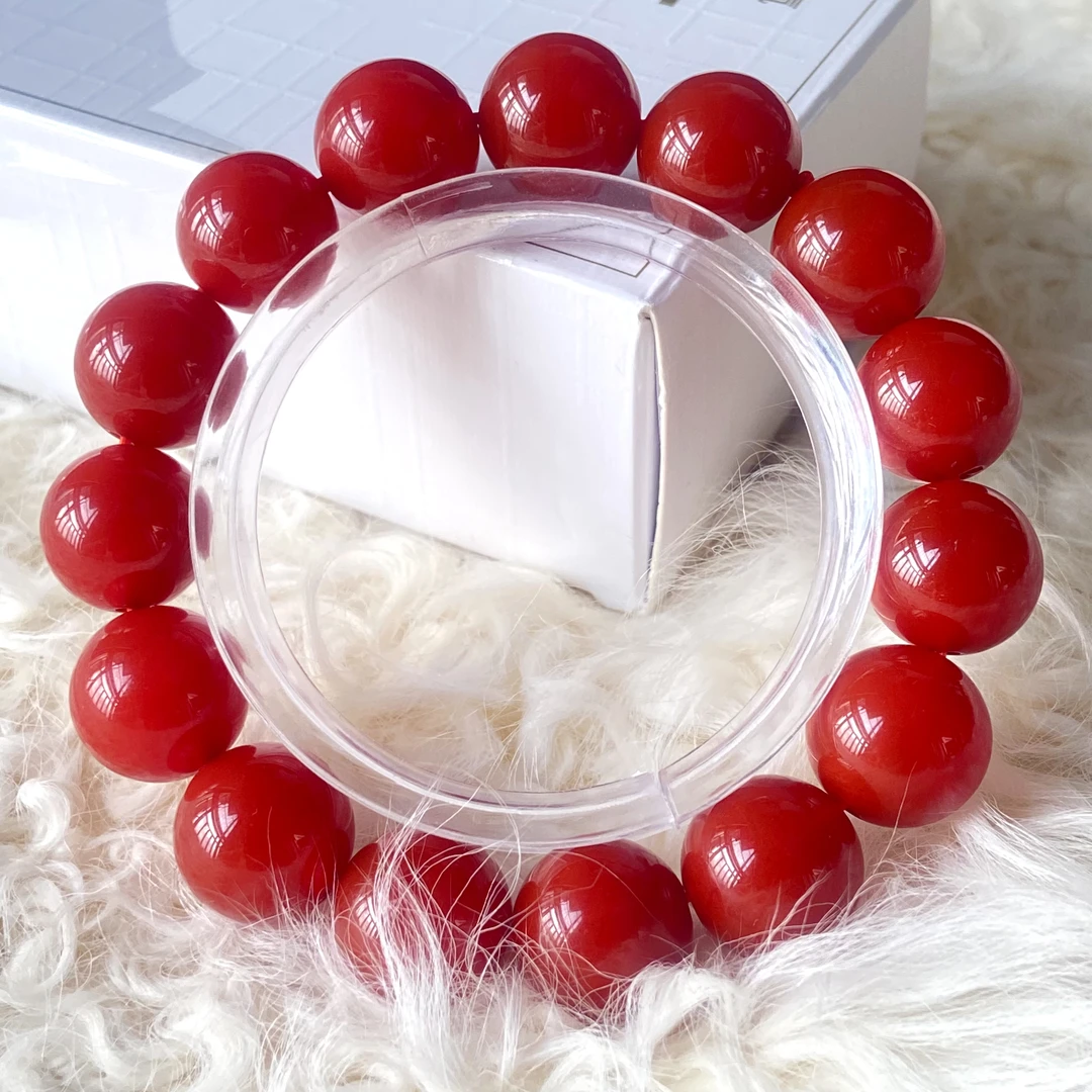 天然玛瑙 14mm亮光单圈 红色男士女士手串 满色满肉 带证书